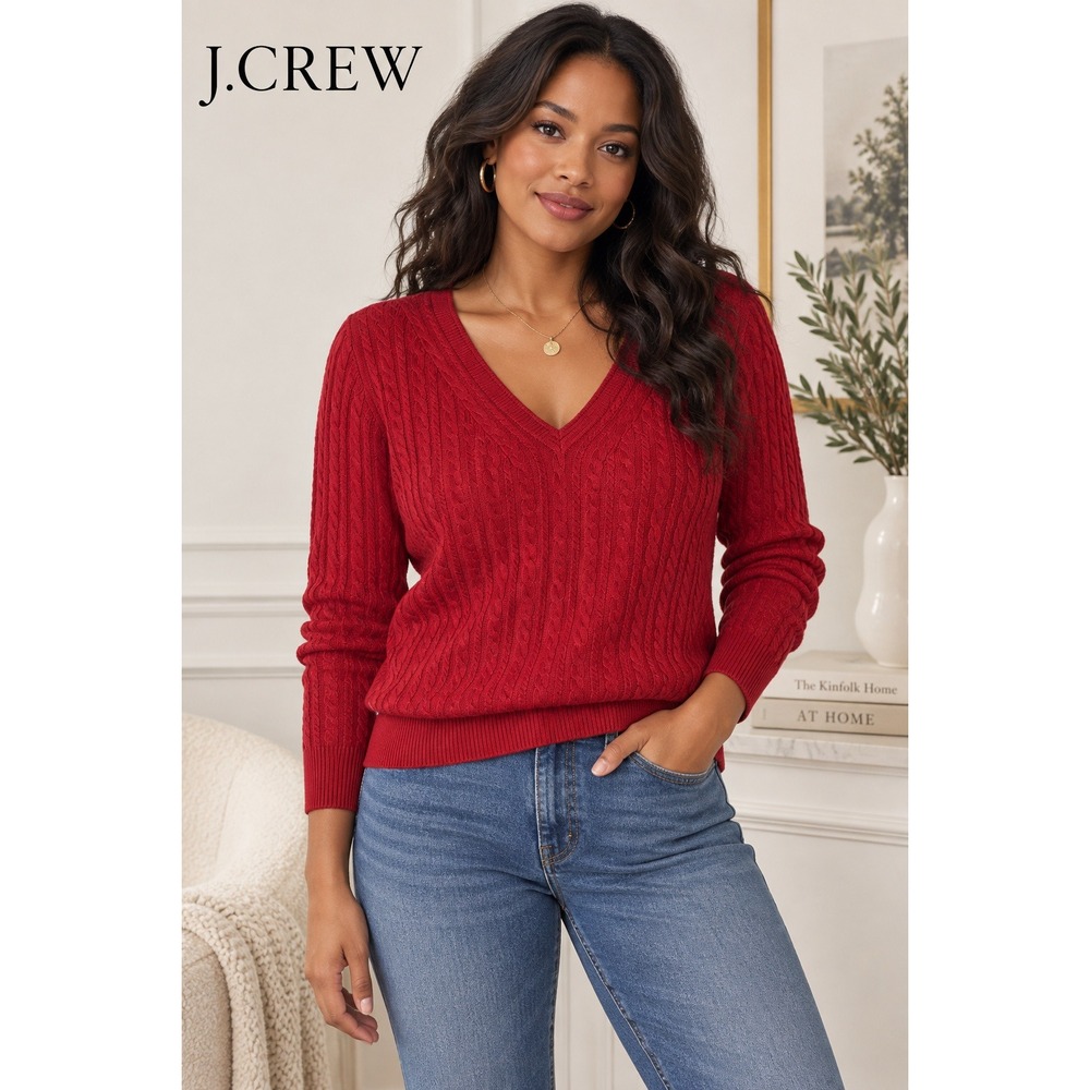 J.Crew Red 100% Merino Wool Cable Knit V-Neck Sweater Medium